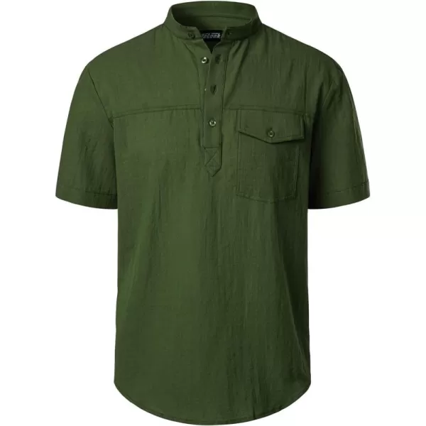 Men's Cotton Linen Henley Shirt Short Sleeve Casual Beach T Shirts with Pocket