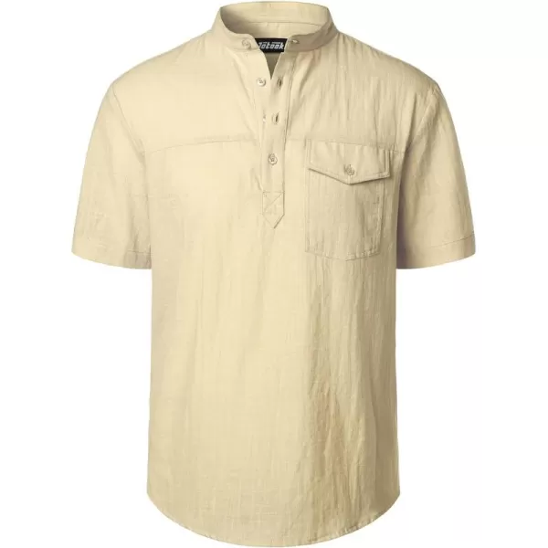 Men's Cotton Linen Henley Shirt Short Sleeve Casual Beach T Shirts with Pocket