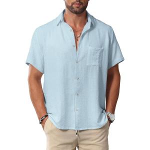 imageKYKU Men Shirts Button Down Short Sleeve Casual Summer Beach Vacation ClothingMen Button Short Sleeve Shirts Light Blue
