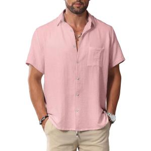 imageKYKU Men Shirts Button Down Short Sleeve Casual Summer Beach Vacation ClothingMen Button Short Sleeve Shirts Pink