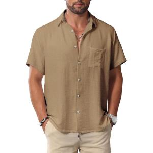 imageKYKU Men Shirts Button Down Short Sleeve Casual Summer Beach Vacation ClothingMen Button Short Sleeve Shirts Tan