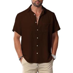imageKYKU Summer Men Button Shirts  Casual Beach Short Sleeve Clothes  Fashion Lightweight Plain Clothing with PocketMen Button Short Sleeve Shirts Brown