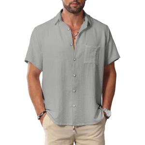 imageKYKU Summer Men Button Shirts  Casual Beach Short Sleeve Clothes  Fashion Lightweight Plain Clothing with PocketMen Button Short Sleeve Shirts Gray