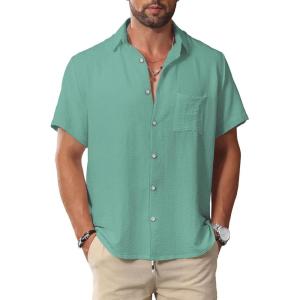 imageKYKU Summer Men Button Shirts  Casual Beach Short Sleeve Clothes  Fashion Lightweight Plain Clothing with PocketMen Button Short Sleeve Shirts Green