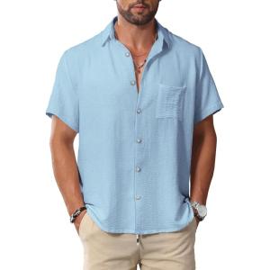 imageKYKU Summer Men Button Shirts  Casual Beach Short Sleeve Clothes  Fashion Lightweight Plain Clothing with PocketMen Button Short Sleeve Shirts Light Blue