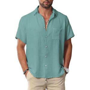 imageKYKU Summer Men Button Shirts  Casual Beach Short Sleeve Clothes  Fashion Lightweight Plain Clothing with PocketMen Button Short Sleeve Shirts Light Green