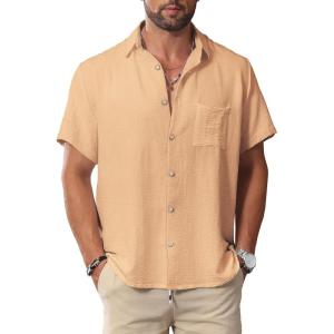 imageKYKU Summer Men Button Shirts  Casual Beach Short Sleeve Clothes  Fashion Lightweight Plain Clothing with PocketMen Button Short Sleeve Shirts Light Orange
