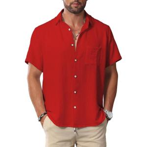 imageKYKU Summer Men Button Shirts  Casual Beach Short Sleeve Clothes  Fashion Lightweight Plain Clothing with PocketMen Button Short Sleeve Shirts Red