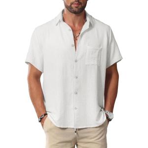 imageKYKU Summer Men Button Shirts  Casual Beach Short Sleeve Clothes  Fashion Lightweight Plain Clothing with PocketMen Button Short Sleeve Shirts White