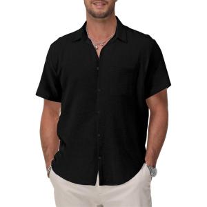 imageKYKU Cotton Shirt for Men Casual Beach Summer Button Down Short Sleeve ClothesBlack Cotton Button Down Shirt Men