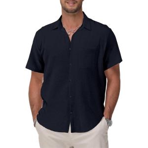 imageKYKU Cotton Shirt for Men Casual Beach Summer Button Down Short Sleeve ClothesDark Navy Cotton Button Down Shirt Men