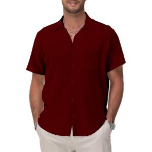 imageKYKU Cotton Shirt for Men Casual Beach Summer Button Down Short Sleeve ClothesDark Red Cotton Button Down Shirt Men