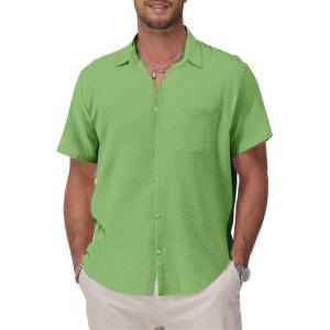 imageKYKU Cotton Shirt for Men Casual Beach Summer Button Down Short Sleeve ClothesGreen Cotton Button Down Shirt Men