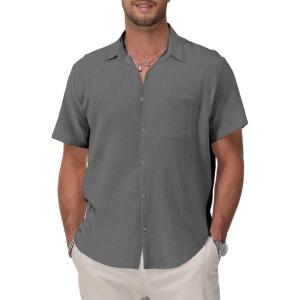 imageKYKU Cotton Shirt for Men Casual Beach Summer Button Down Short Sleeve ClothesGrey Cotton Button Down Shirt Men