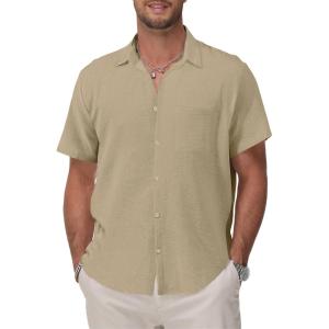 imageKYKU Cotton Shirt for Men Casual Beach Summer Button Down Short Sleeve ClothesKhaki Cotton Button Down Shirt Men