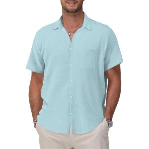 imageKYKU Cotton Shirt for Men Casual Beach Summer Button Down Short Sleeve ClothesLight Blue Cotton Button Down Shirt Men