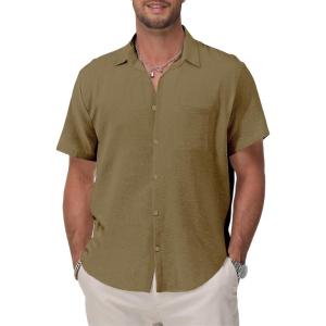 imageKYKU Cotton Shirt for Men Casual Beach Summer Button Down Short Sleeve ClothesLight Brown Cotton Button Down Shirt Men