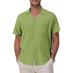 imageKYKU Cotton Shirt for Men Casual Beach Summer Button Down Short Sleeve ClothesLight Green Cotton Button Down Shirt Men