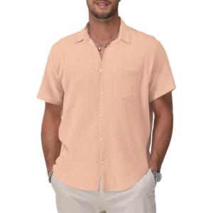 imageKYKU Cotton Shirt for Men Casual Beach Summer Button Down Short Sleeve ClothesLight Pink Cotton Button Down Shirt Men