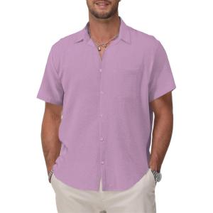 imageKYKU Cotton Shirt for Men Casual Beach Summer Button Down Short Sleeve ClothesLight Purple Cotton Button Down Shirt Men