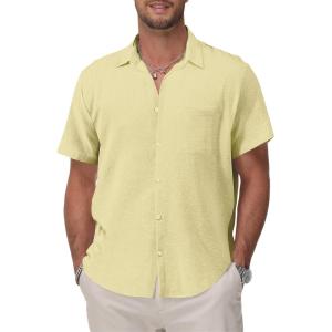imageKYKU Cotton Shirt for Men Casual Beach Summer Button Down Short Sleeve ClothesLight Yellow Cotton Button Down Shirt Men