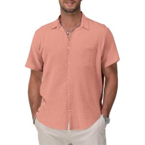 imageKYKU Cotton Shirt for Men Casual Beach Summer Button Down Short Sleeve ClothesPink Cotton Button Down Shirt Men