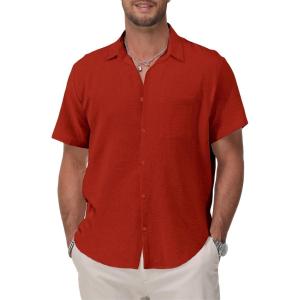imageKYKU Cotton Shirt for Men Casual Beach Summer Button Down Short Sleeve ClothesRed Cotton Button Down Shirt Men