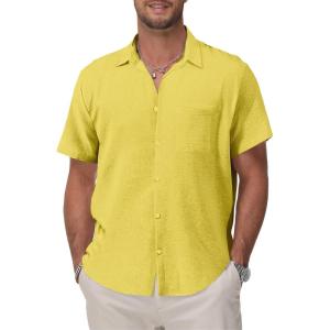 imageKYKU Cotton Shirt for Men Casual Beach Summer Button Down Short Sleeve ClothesYellow Cotton Button Down Shirt Men