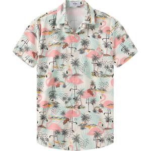 imageKYKU Hawaiian Shirt for Men Beach Vacation Summer Short Sleeve Button Down Mens Shirts Casual StylishFlamingo Beige Men Hawaiian Button Shirt