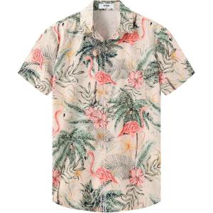 imageKYKU Hawaiian Shirt for Men Beach Vacation Summer Short Sleeve Button Down Mens Shirts Casual StylishFlamingos Beige Men Hawaiian Button Shirt