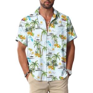 imageKYKU Hawaiian Shirt for Men Beach Vacation Summer Short Sleeve Button Down Mens Shirts Casual StylishLight Blue Men Hawaiian Button Down Shirts