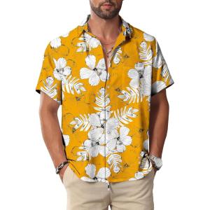 imageKYKU Hawaiian Shirt for Men Beach Vacation Summer Short Sleeve Button Down Mens Shirts Casual StylishYellow White Hawaiian Men Button Down Shirt