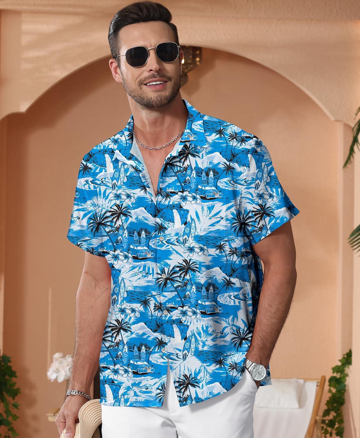 imageKYKU Hawaiian Mens Shirts Casual Beach Vacation Tropical Mens Button Down Short Sleeve Shirt with PocketBeach Blue Men Hawaiian Button Shirt
