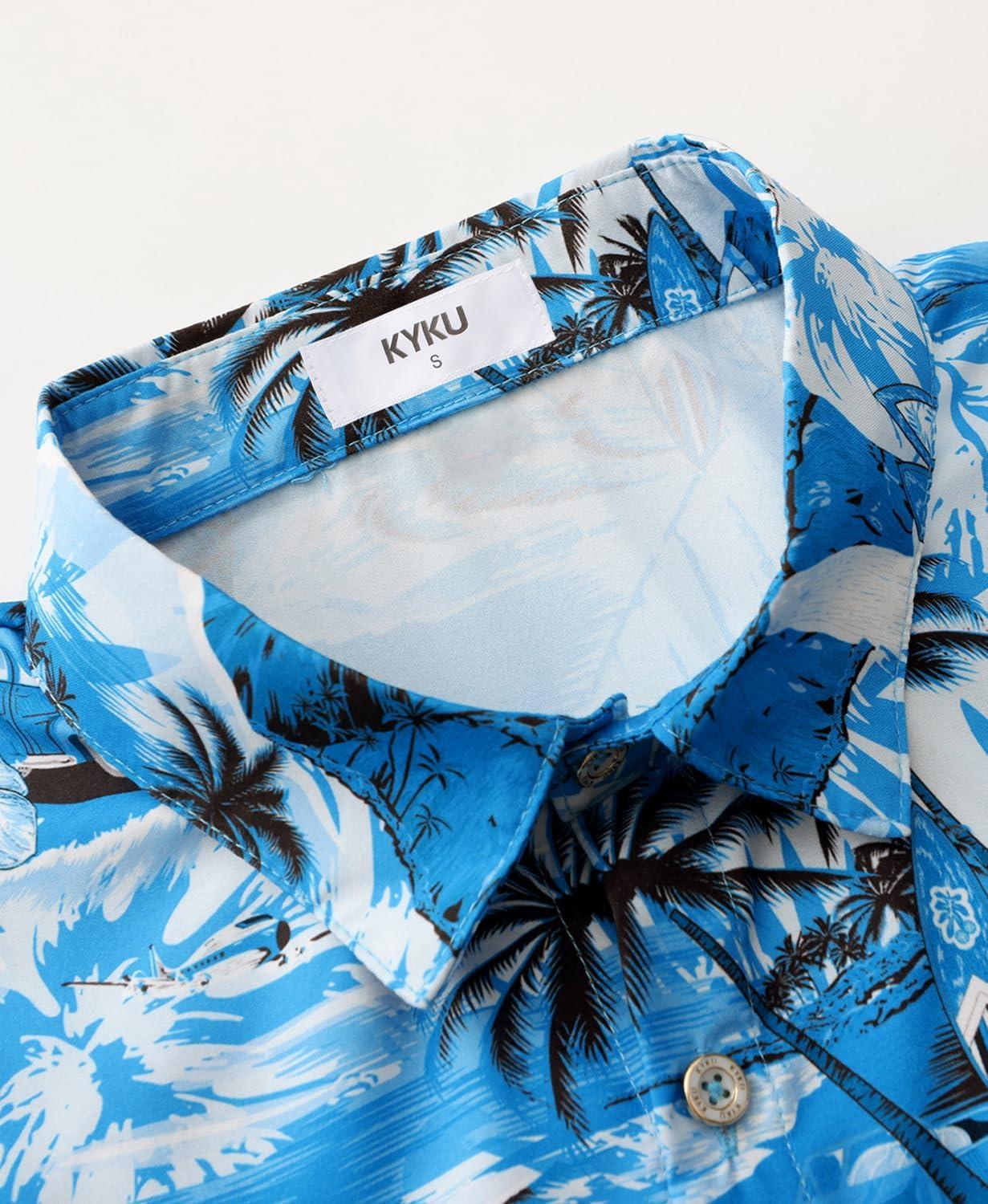 imageKYKU Hawaiian Mens Shirts Casual Beach Vacation Tropical Mens Button Down Short Sleeve Shirt with PocketBeach Blue Men Hawaiian Button Shirt