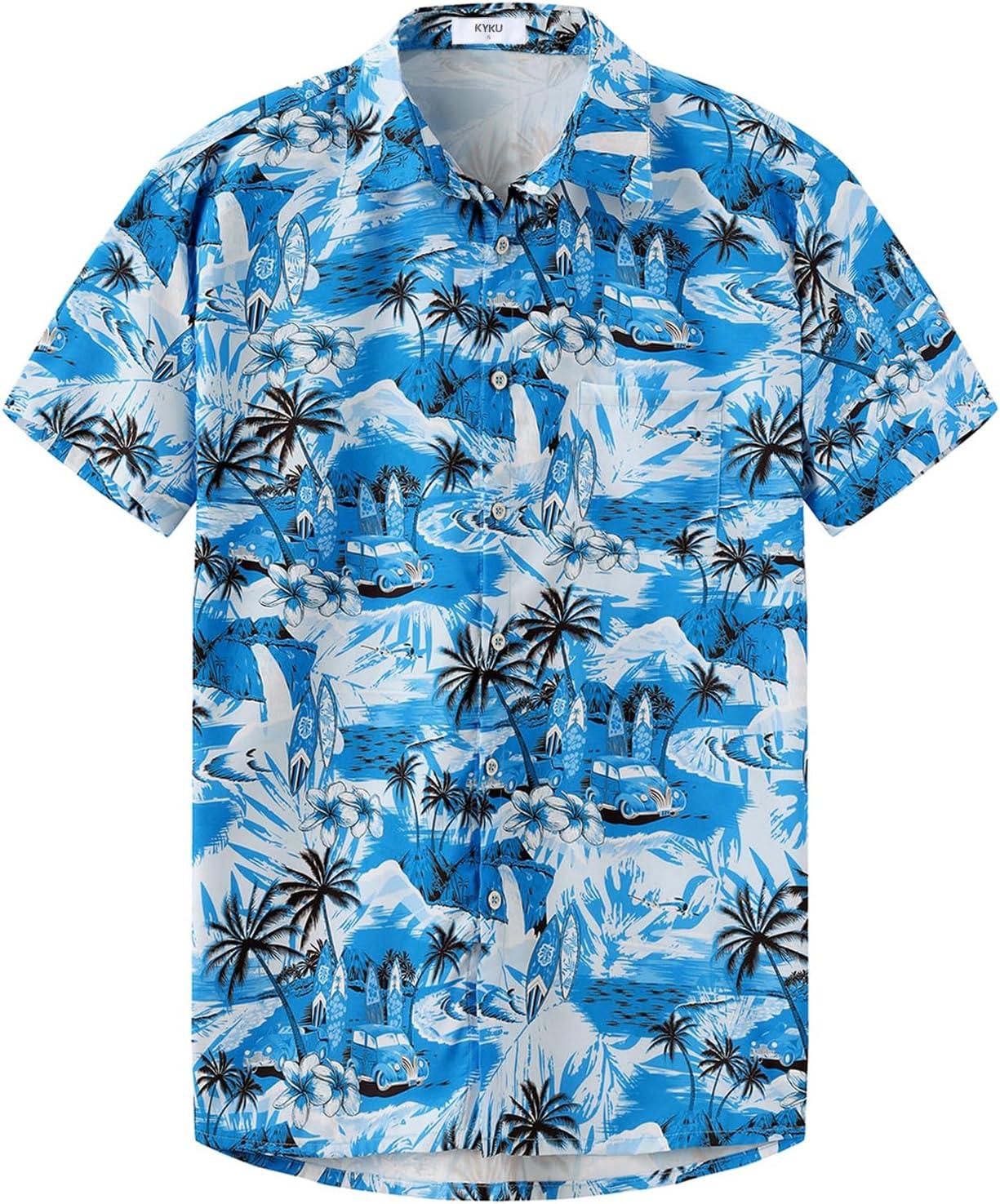 imageKYKU Hawaiian Mens Shirts Casual Beach Vacation Tropical Mens Button Down Short Sleeve Shirt with PocketBeach Blue Men Hawaiian Button Shirt