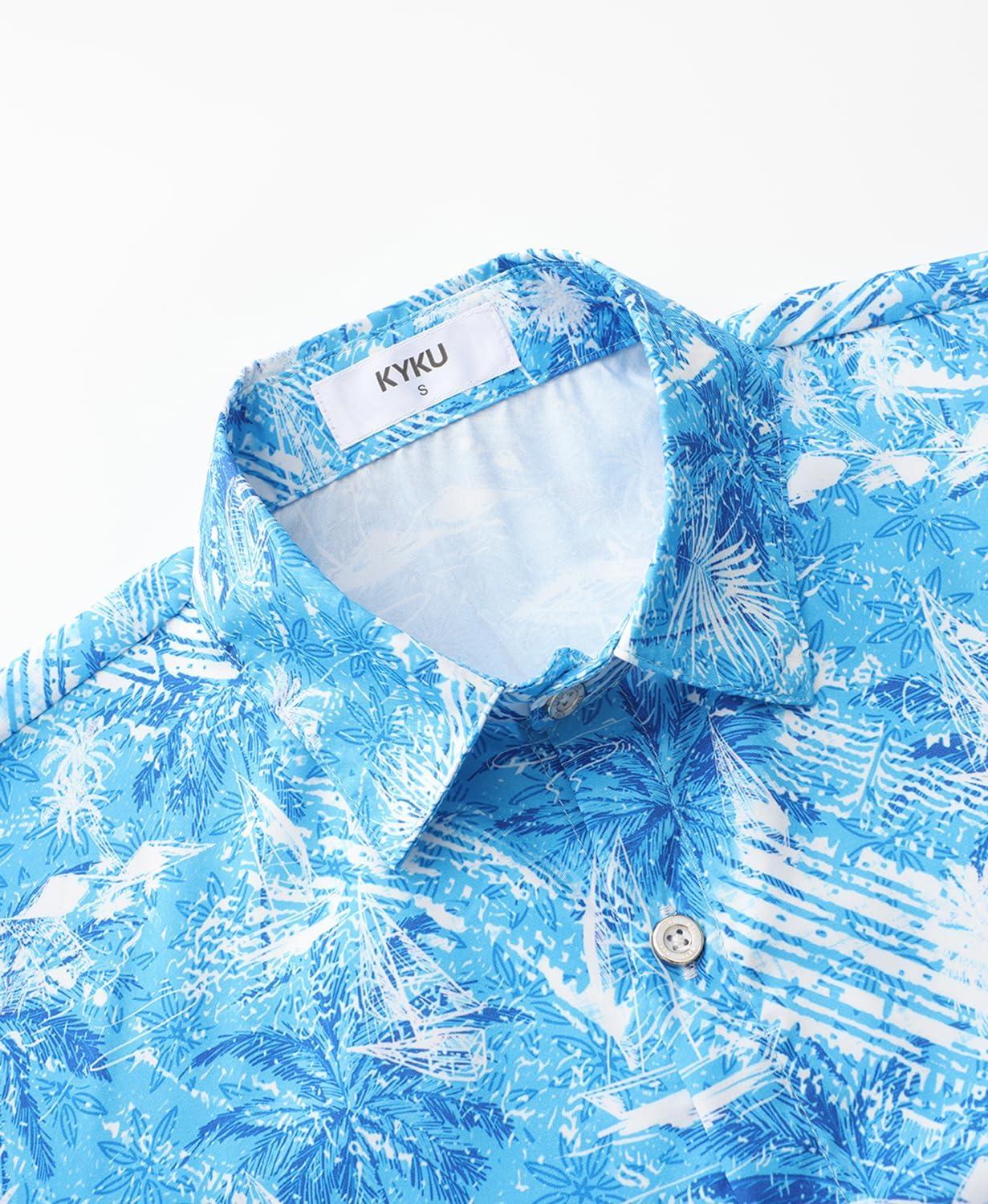 imageKYKU Hawaiian Mens Shirts Casual Beach Vacation Tropical Mens Button Down Short Sleeve Shirt with PocketBeach Blue White Men Hawaiian Button Shirt