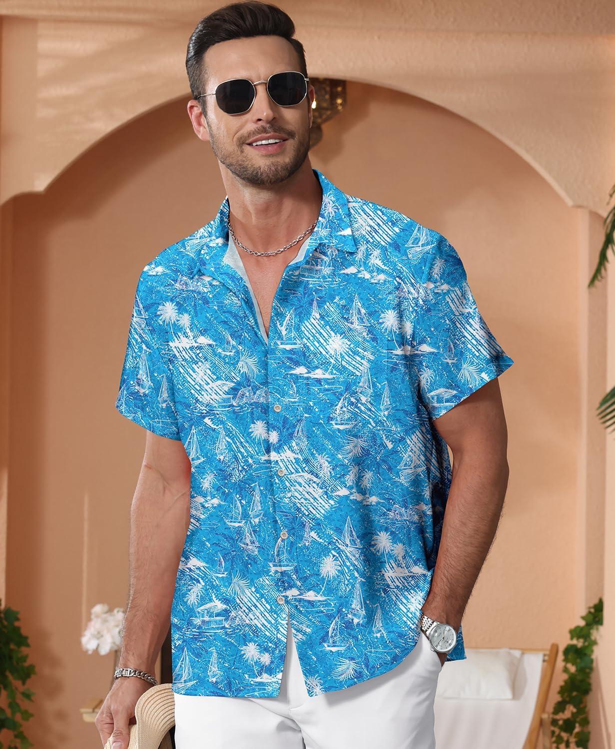 imageKYKU Hawaiian Mens Shirts Casual Beach Vacation Tropical Mens Button Down Short Sleeve Shirt with PocketBeach Blue White Men Hawaiian Button Shirt
