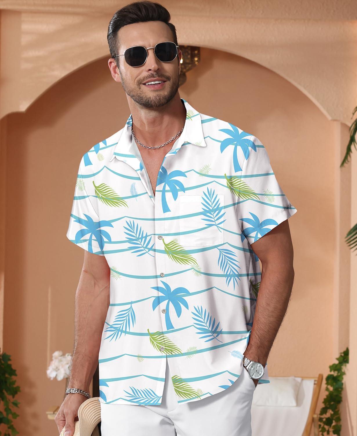 imageKYKU Hawaiian Mens Shirts Casual Beach Vacation Tropical Mens Button Down Short Sleeve Shirt with PocketBeach White Men Hawaiian Button Shirt
