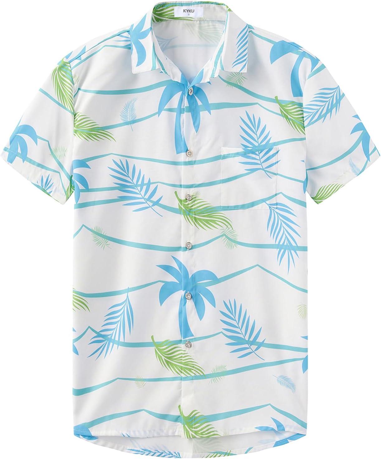 imageKYKU Hawaiian Mens Shirts Casual Beach Vacation Tropical Mens Button Down Short Sleeve Shirt with PocketBeach White Men Hawaiian Button Shirt