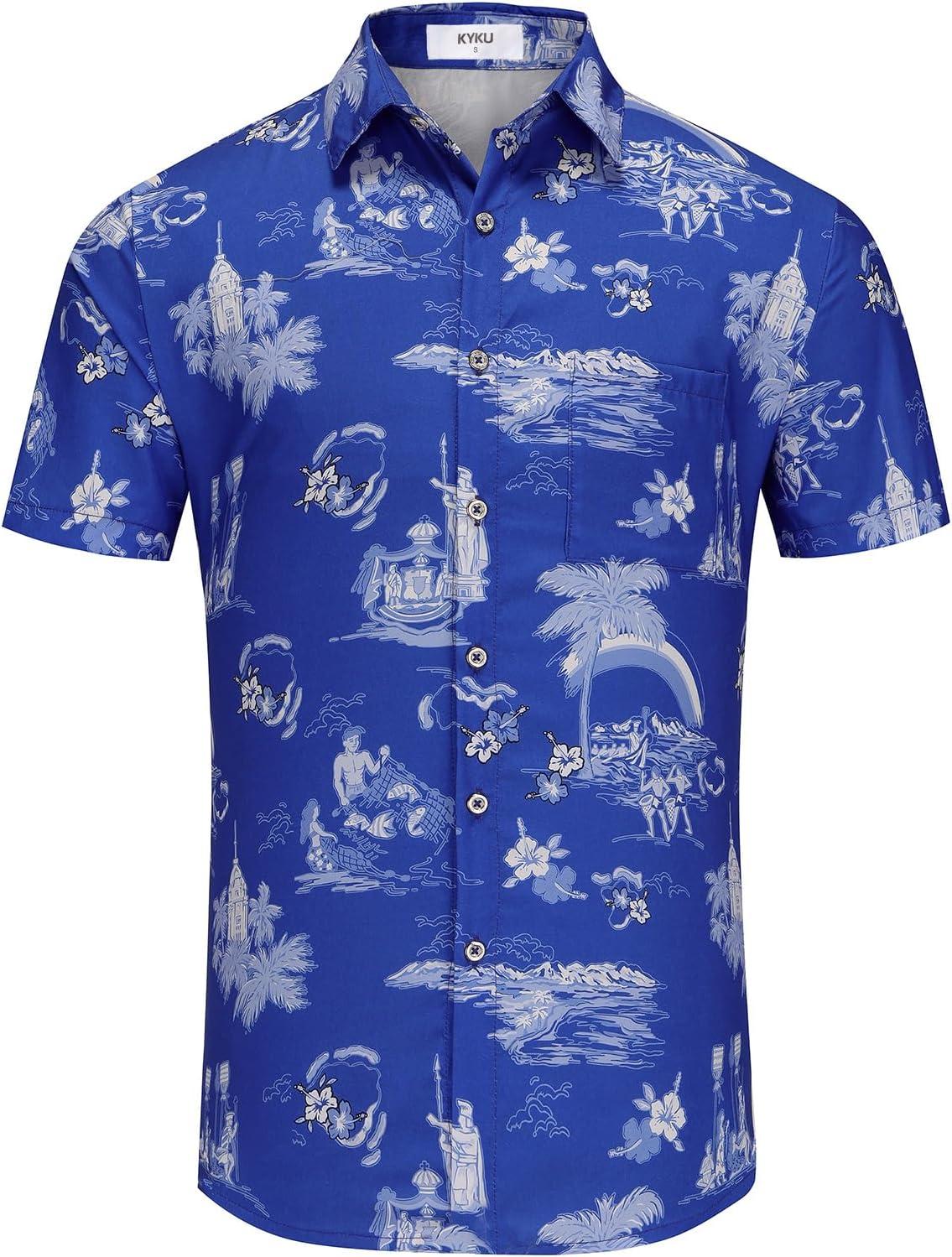 imageKYKU Hawaiian Mens Shirts Casual Beach Vacation Tropical Mens Button Down Short Sleeve Shirt with PocketBlue Hawaiian Men Button Down Shirt