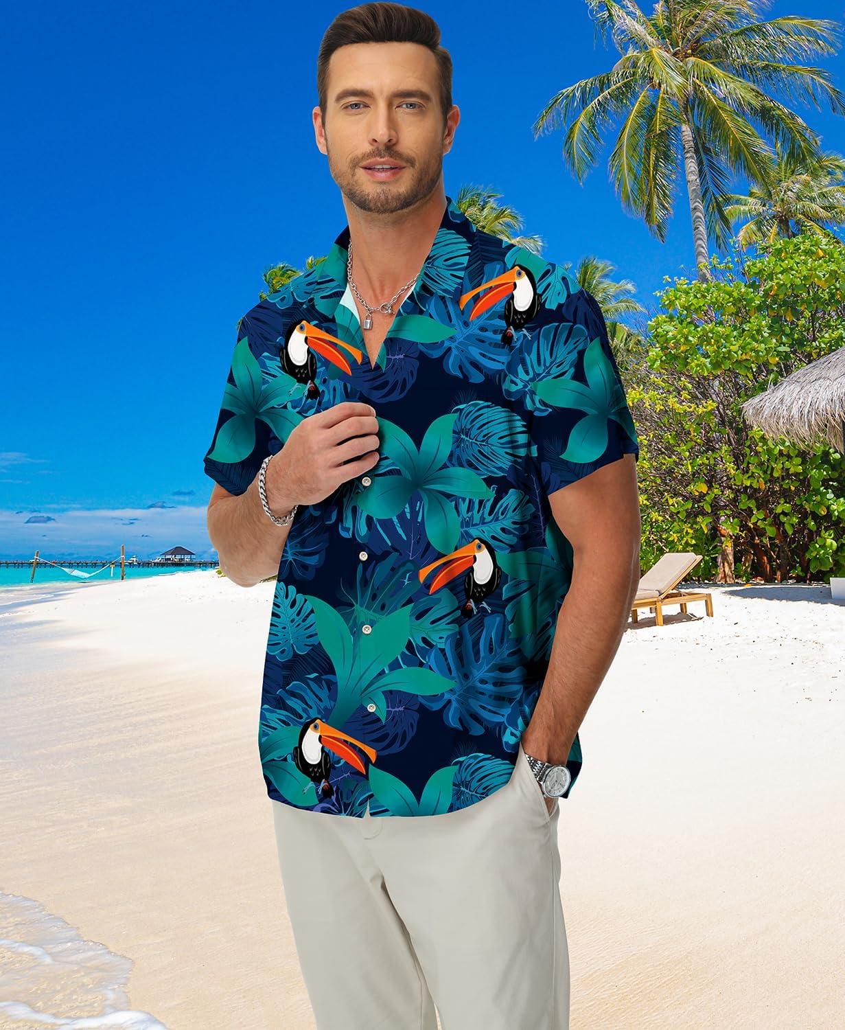 imageKYKU Hawaiian Mens Shirts Casual Beach Vacation Tropical Mens Button Down Short Sleeve Shirt with PocketBlue Hawaiian Men Casual Button Down Shirt