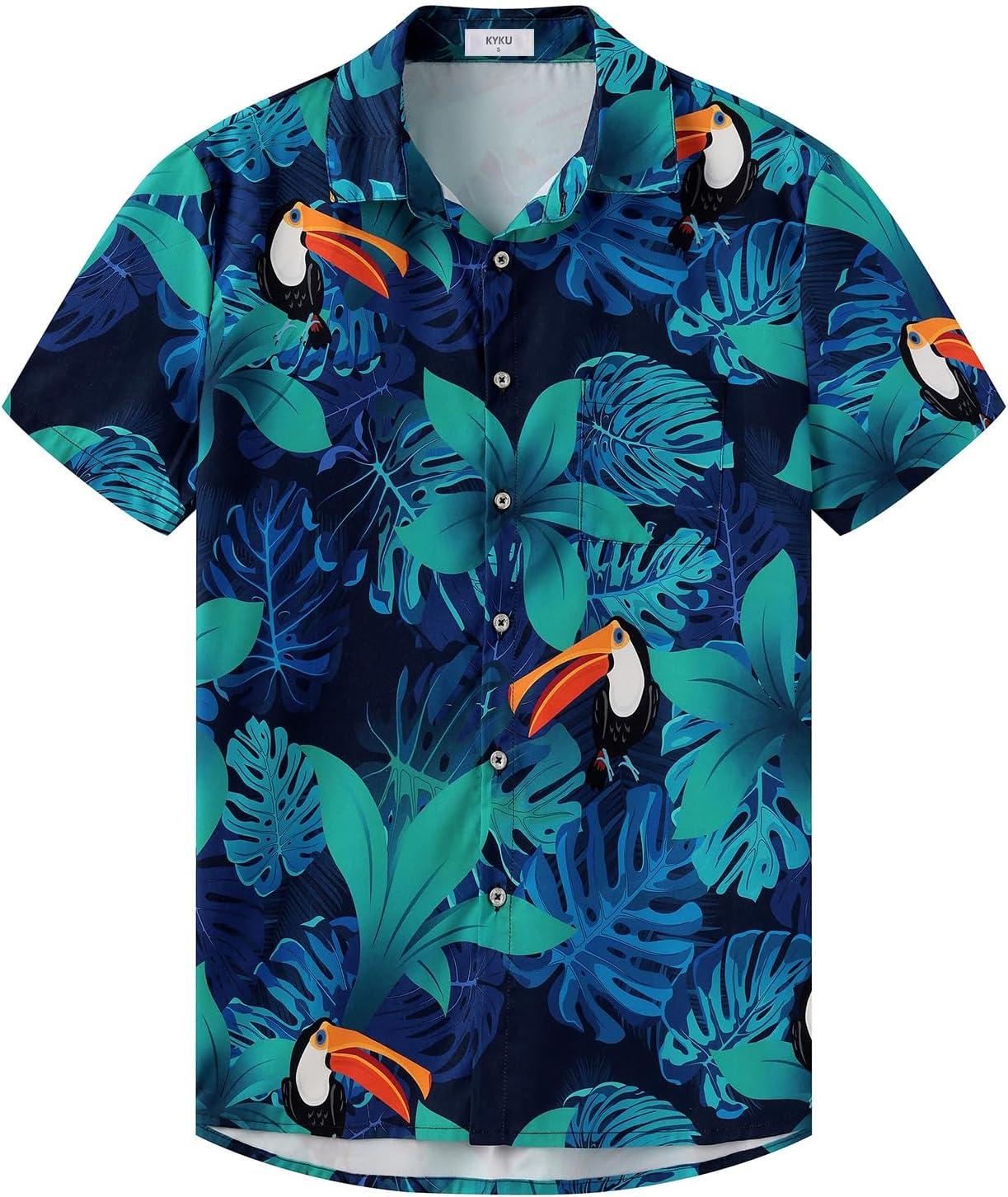 imageKYKU Hawaiian Mens Shirts Casual Beach Vacation Tropical Mens Button Down Short Sleeve Shirt with PocketBlue Hawaiian Men Casual Button Down Shirt