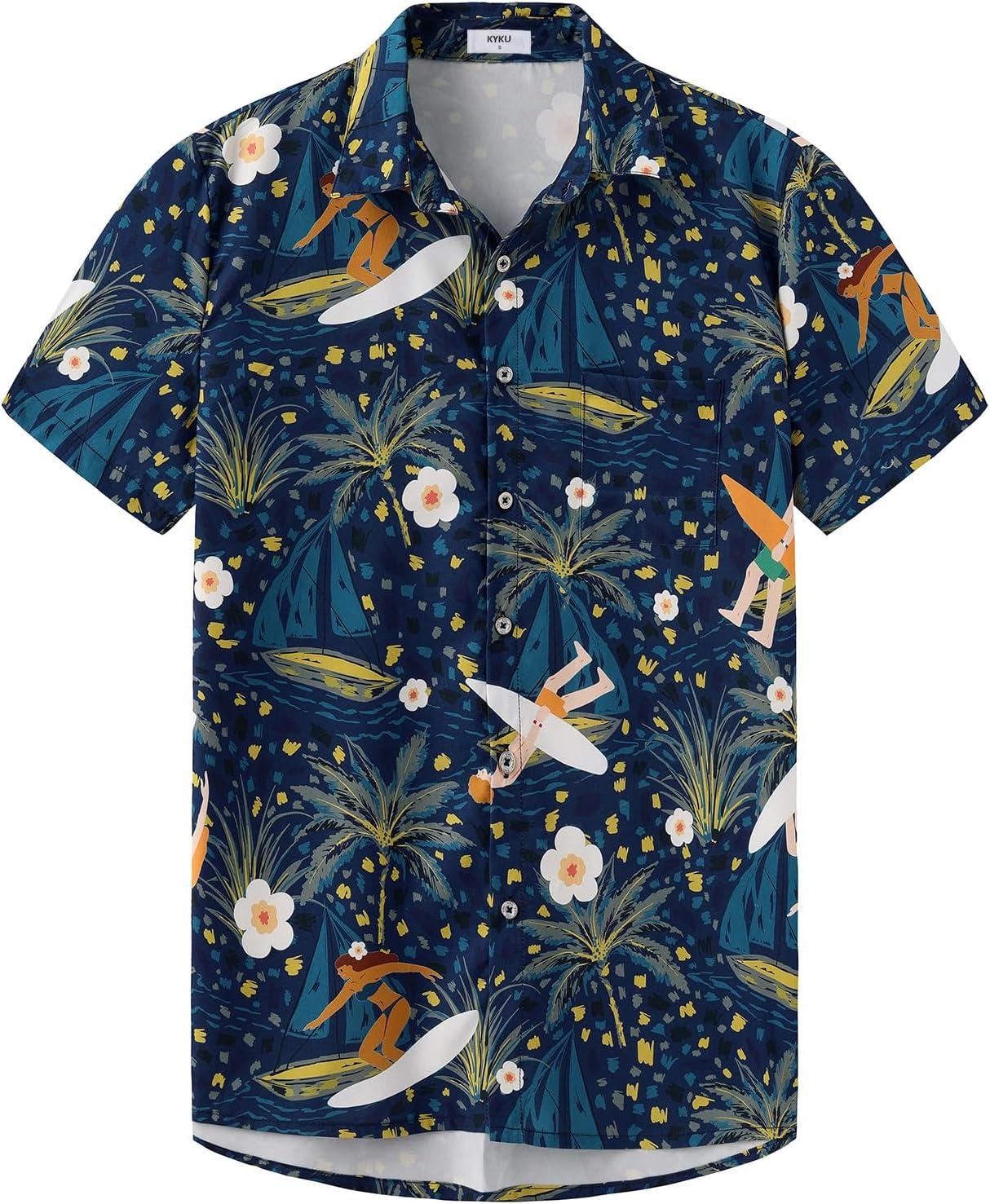 imageKYKU Hawaiian Mens Shirts Casual Beach Vacation Tropical Mens Button Down Short Sleeve Shirt with PocketBlue Hawaiian Shirt for Men
