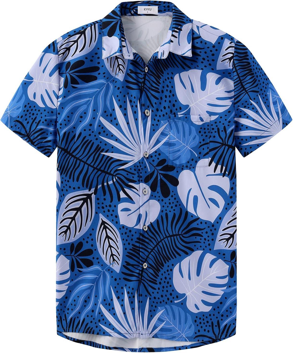 imageKYKU Hawaiian Mens Shirts Casual Beach Vacation Tropical Mens Button Down Short Sleeve Shirt with PocketBlue Men Hawaiian Button Down Shirts