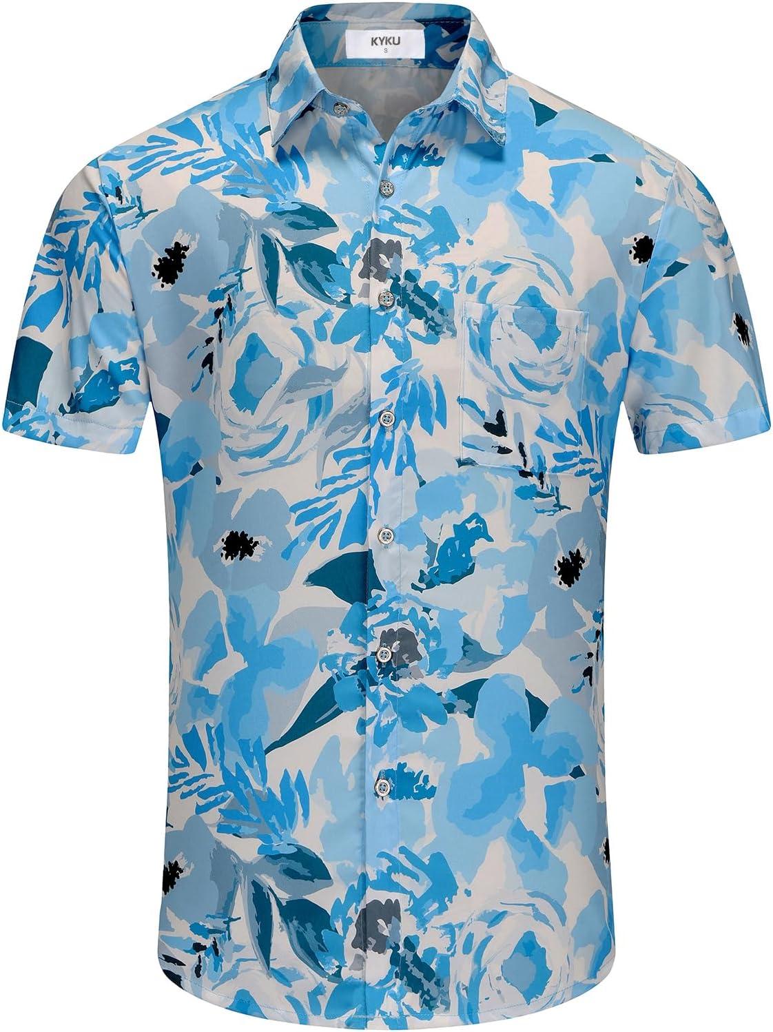 imageKYKU Hawaiian Mens Shirts Casual Beach Vacation Tropical Mens Button Down Short Sleeve Shirt with PocketBlue Mens Shirts Casual