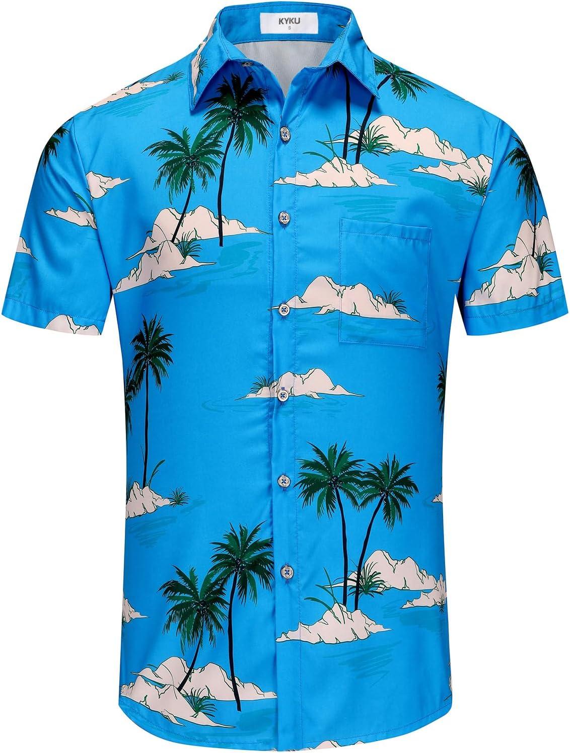 imageKYKU Hawaiian Mens Shirts Casual Beach Vacation Tropical Mens Button Down Short Sleeve Shirt with PocketBlue Tropical Hawaiian Shirt Men