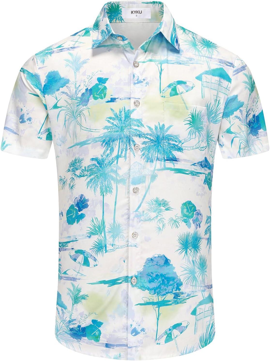 imageKYKU Hawaiian Mens Shirts Casual Beach Vacation Tropical Mens Button Down Short Sleeve Shirt with PocketBlue White Hawaiian Men Button Down Shirt