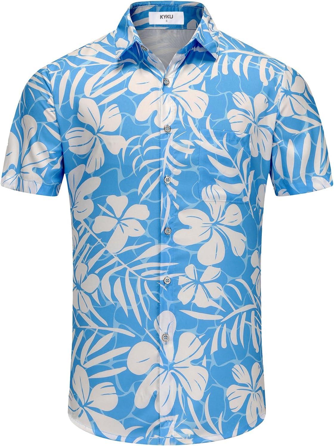 imageKYKU Hawaiian Mens Shirts Casual Beach Vacation Tropical Mens Button Down Short Sleeve Shirt with PocketBlue White Hawaiian Shirt for Men