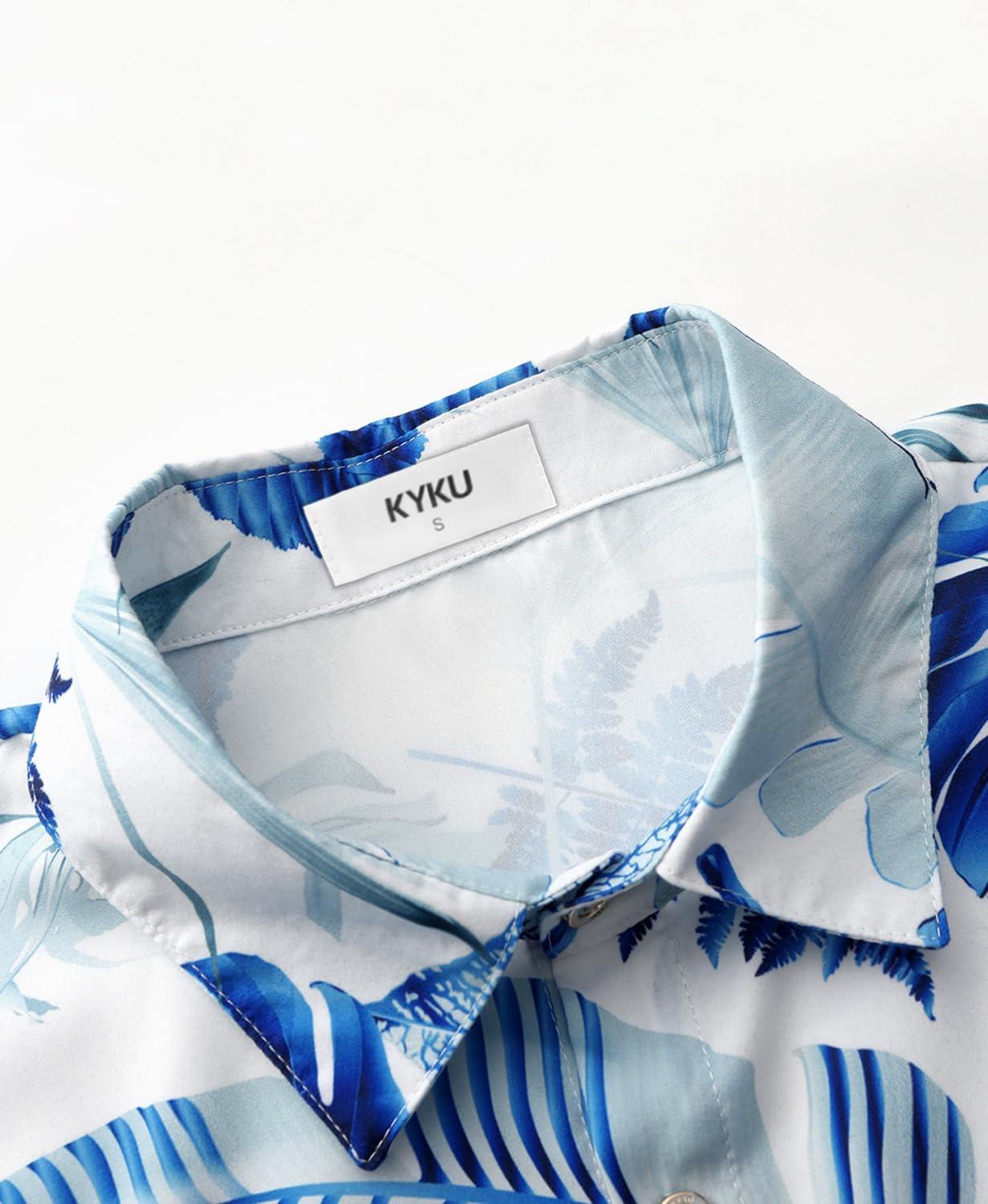 imageKYKU Hawaiian Mens Shirts Casual Beach Vacation Tropical Mens Button Down Short Sleeve Shirt with PocketBlue White Men Hawaiian Button Down Shirts