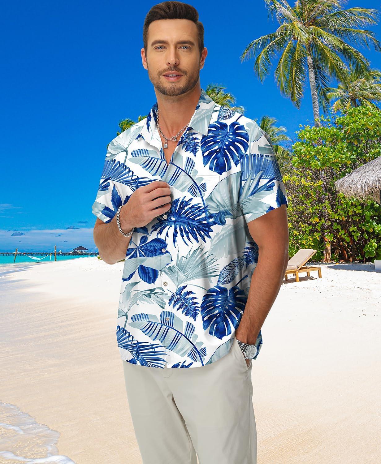 imageKYKU Hawaiian Mens Shirts Casual Beach Vacation Tropical Mens Button Down Short Sleeve Shirt with PocketBlue White Men Hawaiian Button Down Shirts